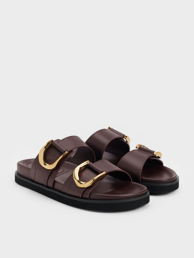 Gabine Gold-Buckle Leather Slides, Plum, hi-res