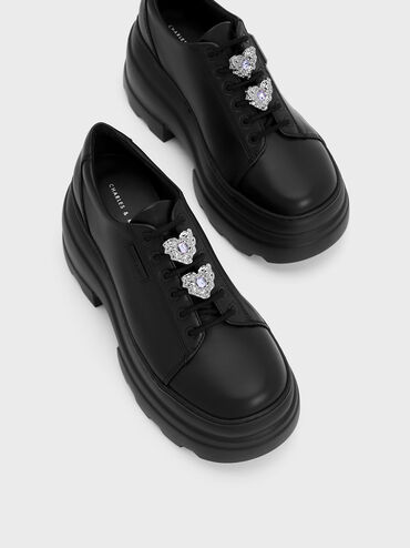 Sepatu Oxfords Crystal Heart-Motif Lace-Up, Black, hi-res