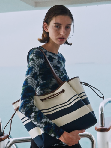 Tas Tote Drawstring Striped Hanya Canvas, Multi, hi-res