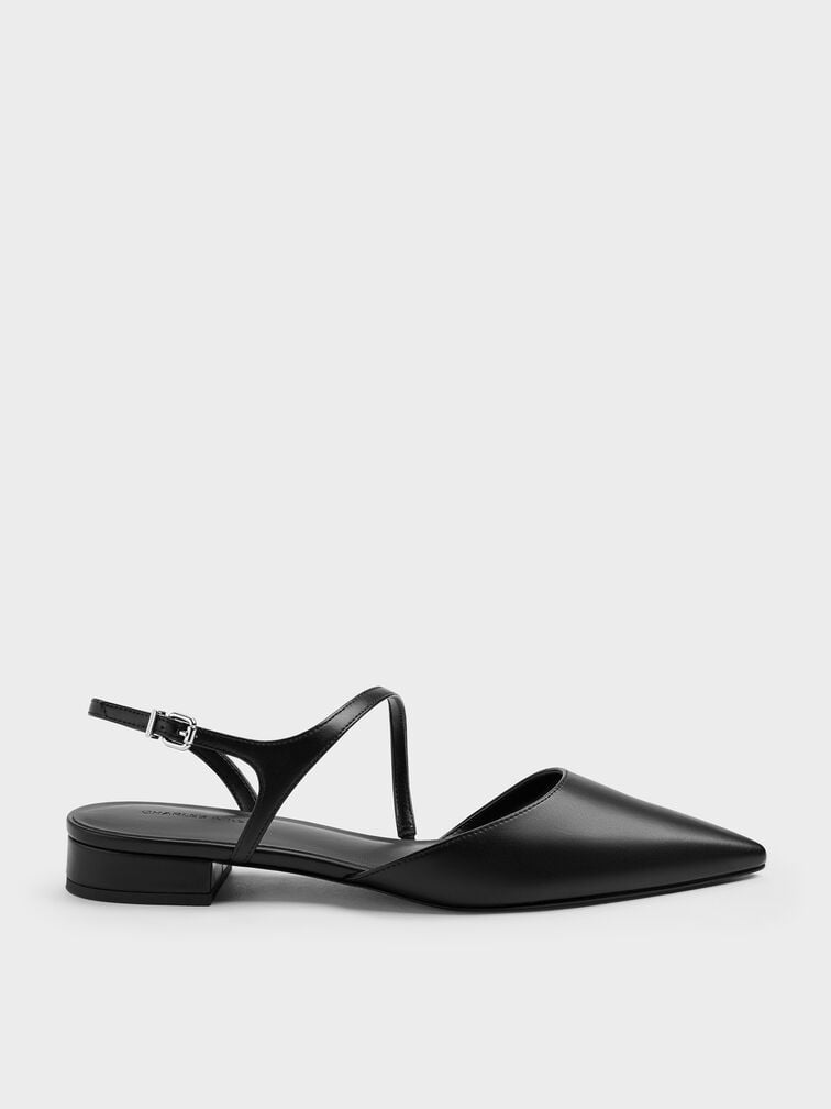 Sepatu Flats Slingback Pointed Cordelia, Black, hi-res