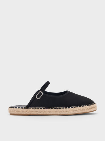 Sepatu Espadrilles Mary Jane Slip-On Faux Suede, Black Textured, hi-res