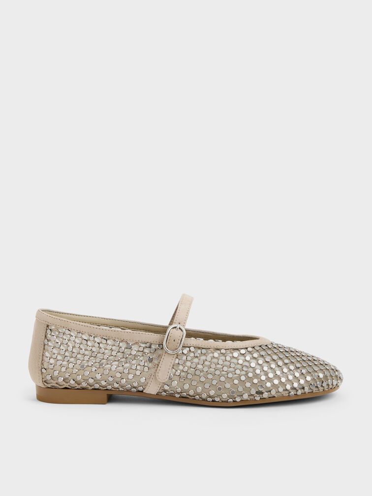 Maggie Mesh Crystal Mary Janes, Taupe, hi-res