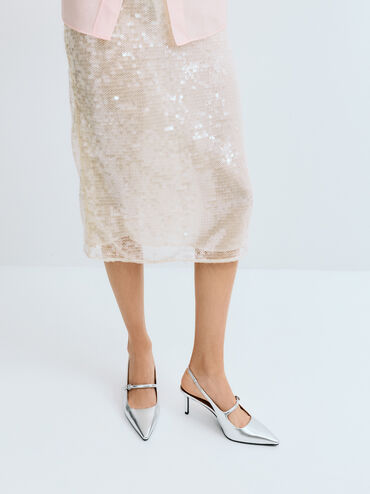 Sepatu Pumps Mary Jane Slingback Pointed Metallic, Silver, hi-res