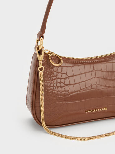 Tas Bahu Chain-Link Croc-Effect Eispeth, Chocolate Croco, hi-res