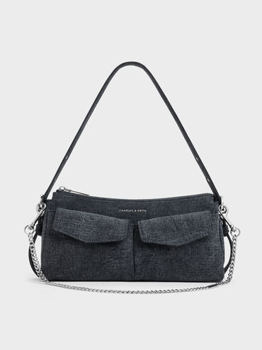 Tas Bahu Chain Front-Pocket Denim Rachel, Denim Blue, hi-res