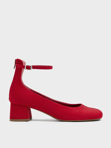 Faux Suede Block-Heel Ankle-Strap Pumps, Red, hi-res