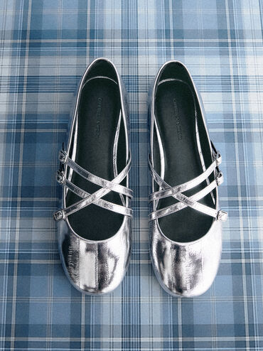 Sepatu Flats Mary Jane Crossover Triple-Strap Metallic, Silver, hi-res