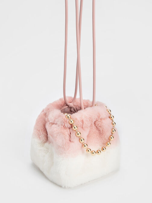 Aldora Beaded Handle Furry Bucket Bag, Light Pink, hi-res