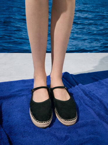 Sepatu Espadrilles Mary Jane Slip-On Faux Suede, Black Textured, hi-res