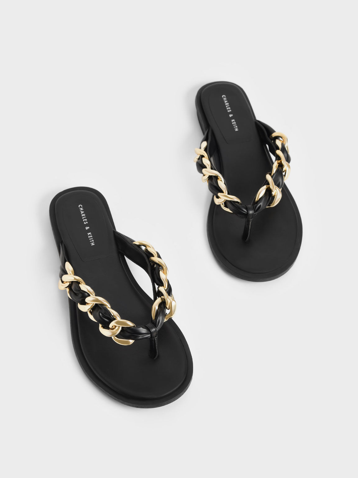 Sandal Braided Chain-Link Strap Thong, Black, hi-res