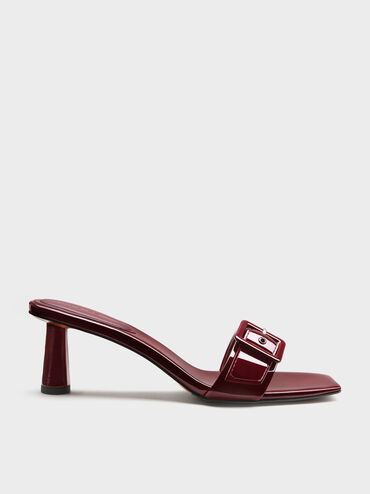 Sepatu Mules Heeld Buckle Strap Patent, Burgundy, hi-res