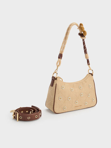 Tas Selempang Flower Philomena Raffia, Beige, hi-res