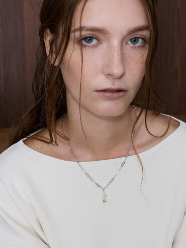 Gantungan Snowflake-Ball Crystal Embellished Bow Athalia, Silver, hi-res