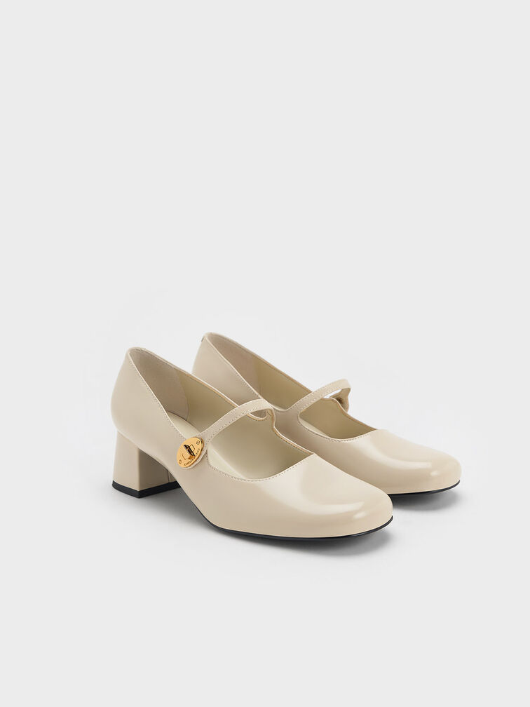 Sepatu Mary Janes Patent Metallic-Buckle Block-Heel, Chalk, hi-res
