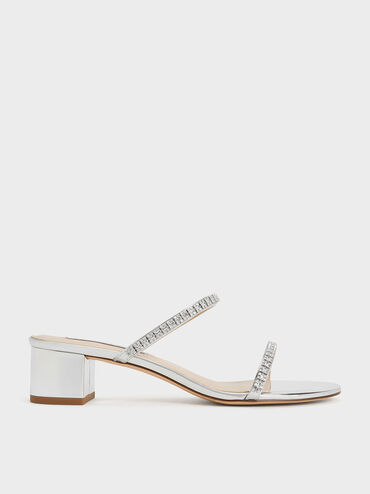 Sepatu Mules Gem-Embellished Ambrosia Metallic, Silver, hi-res