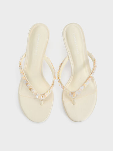 Sandal Thong Heeled Sequinned Briella, Cream, hi-res