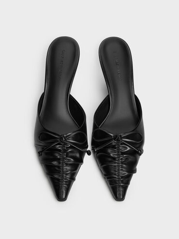 Ruched Bow Pointed Heeled Mules, Black, hi-res
