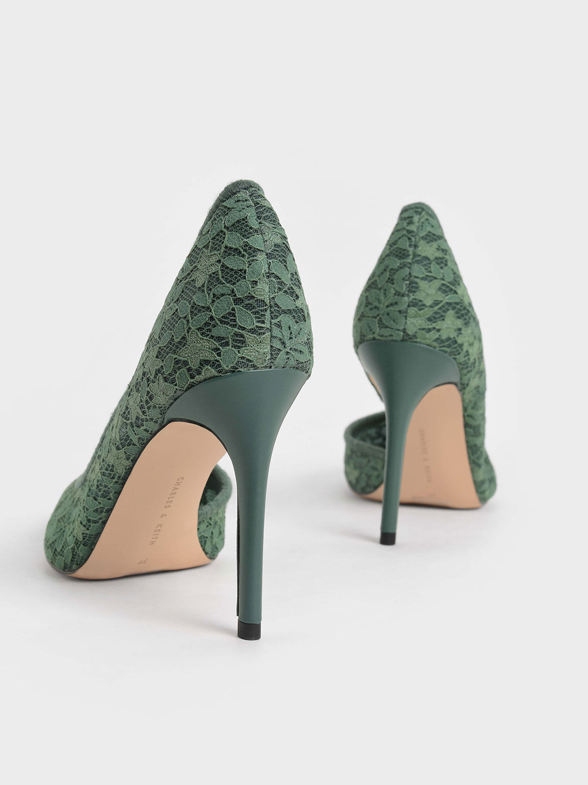 Sepatu Pumps Stiletto Lace & Mesh Half D'Orsay, Green, hi-res