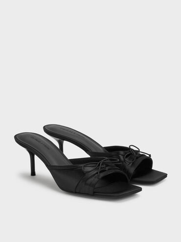 Sepatu Heeled Mules Ruched Bow Satin, Black Textured, hi-res
