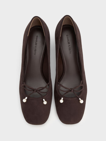 Barbara Faux Suede Pearl-Embellished Bow Ballet Pumps, Dark Brown Textured, hi-res