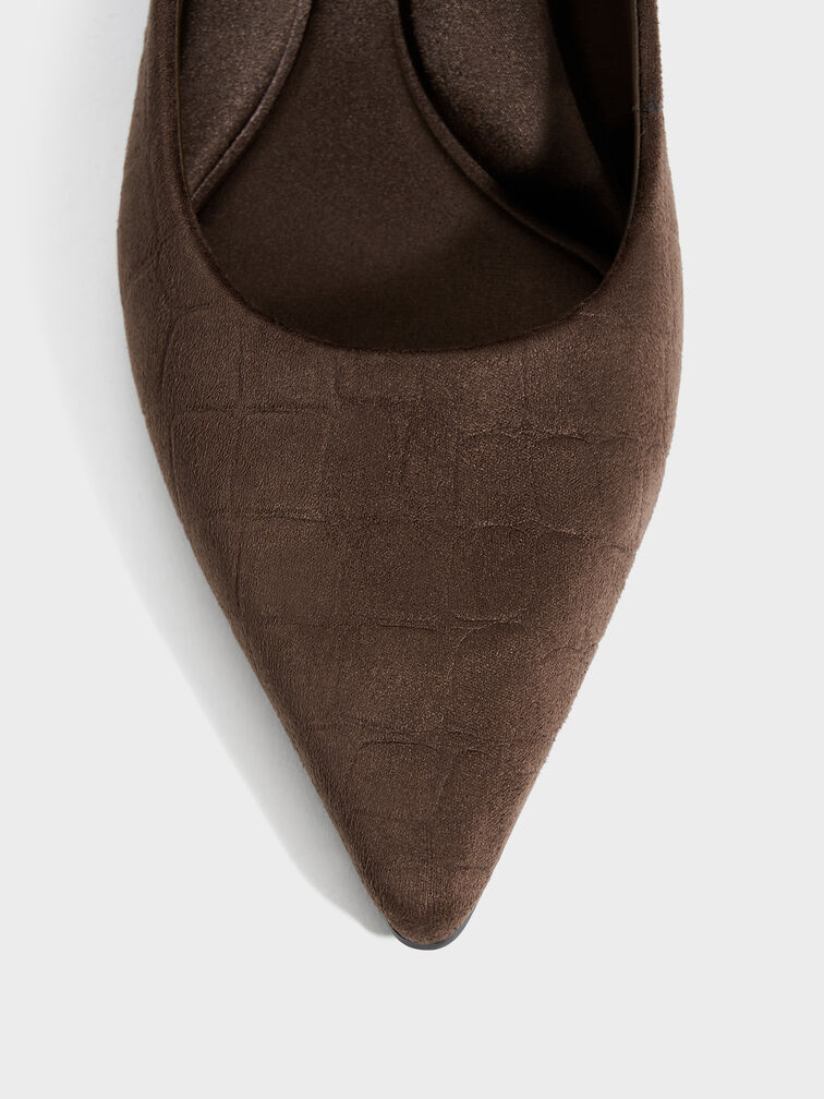 Sepatu Pumps Pointed Emmy Faux Suede, Dark Brown Textured, hi-res