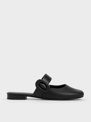 Sepatu Flat Mules Oval-Buckle, Black, hi-res
