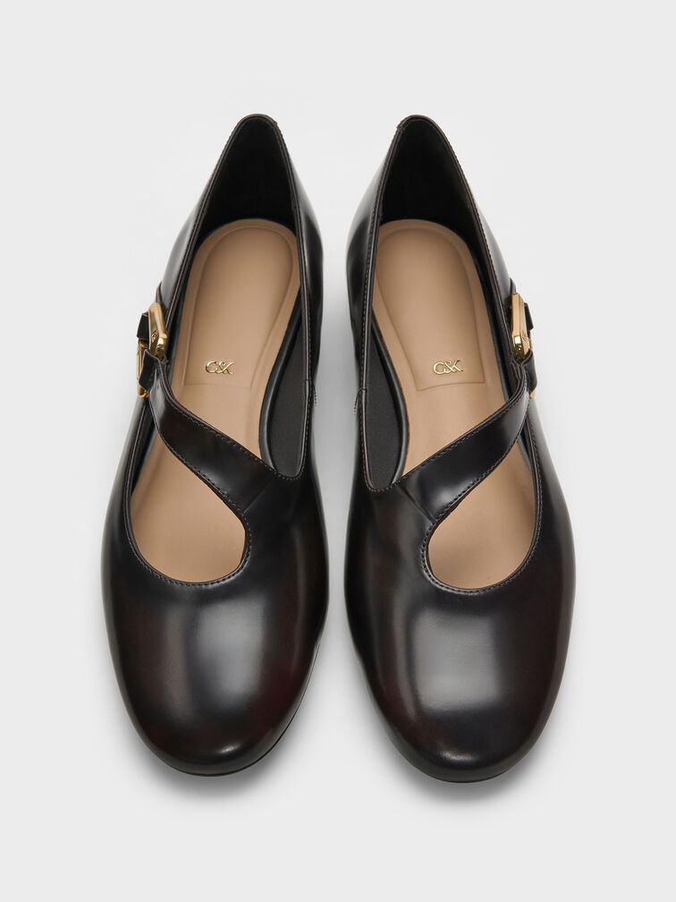 Sepatu Mary Jane Daena Leather Asymmetric-Strap, Dark Brown, hi-res