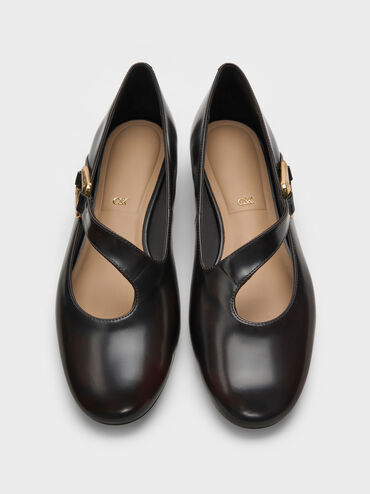 Sepatu Mary Jane Daena Leather Asymmetric-Strap, Dark Brown, hi-res
