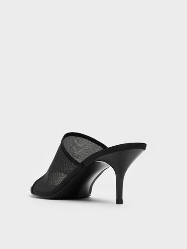 Sepatu Mules Heeled Glittered Mesh, Black Textured, hi-res