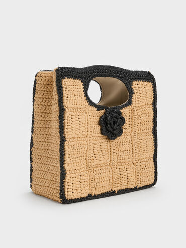 Tas Top Handle Flower Raffia, Multi, hi-res