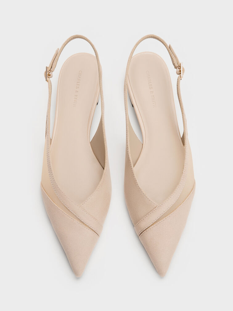 Sepatu Flats Slingback Suede & Mesh Faux, Beige, hi-res