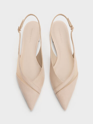 Sepatu Flats Slingback Suede & Mesh Faux, Beige, hi-res