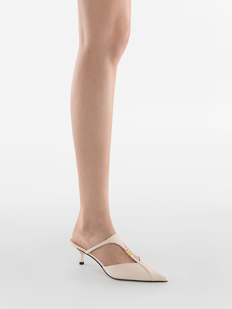 Leather T-Bar Pointed Kitten Heels, Oat, hi-res