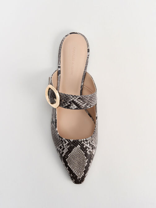 Sepatu Flat Mules Buckle-Strap Snake-Print, Animal Print Natural, hi-res