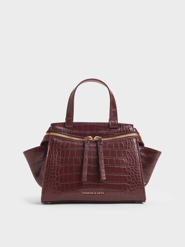 Pansy Trapeze Croc-Effect Top Handle Bag, Wineberry Red, hi-res