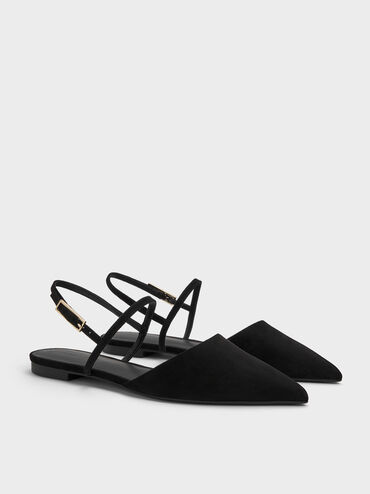 Sepatu Flats Pointed-Toe Slingback Luciana Faux Suede, Black Textured, hi-res