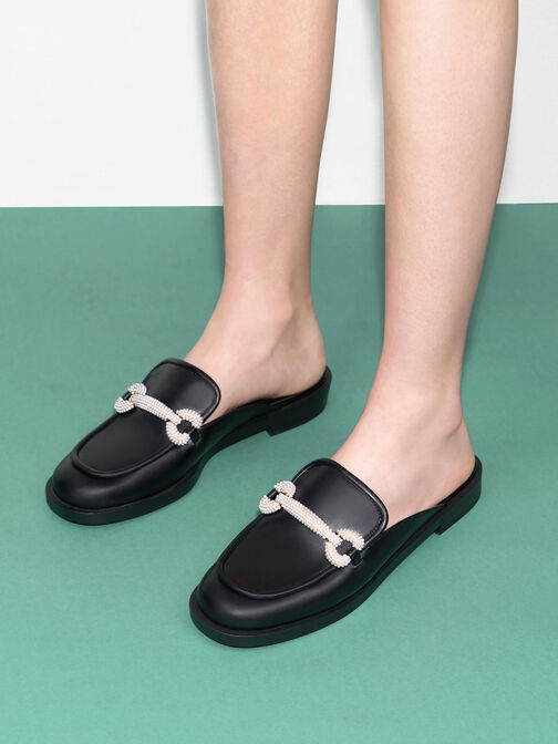 Beaded Accent Loafer Mules, Black, hi-res