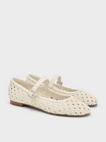 Sepatu Flats Mary Jane Woven, Cream, hi-res