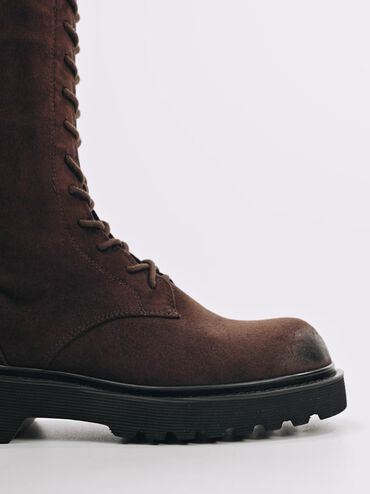 Sepatu Knee-High Boots Buckle-Strap Lace-Up Darian Faux Suede, Dark Brown Textured, hi-res