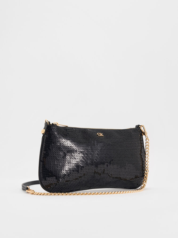 Tas Bahu Mesh & Leather Sequin, Black, hi-res