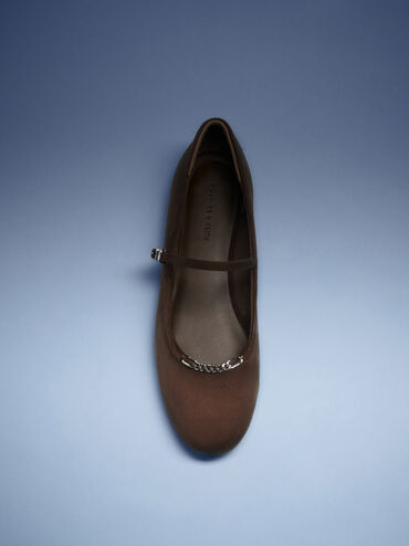Sepatu Mary Jane Flats Shila Chain Faux Suede, Dark Brown Textured, hi-res