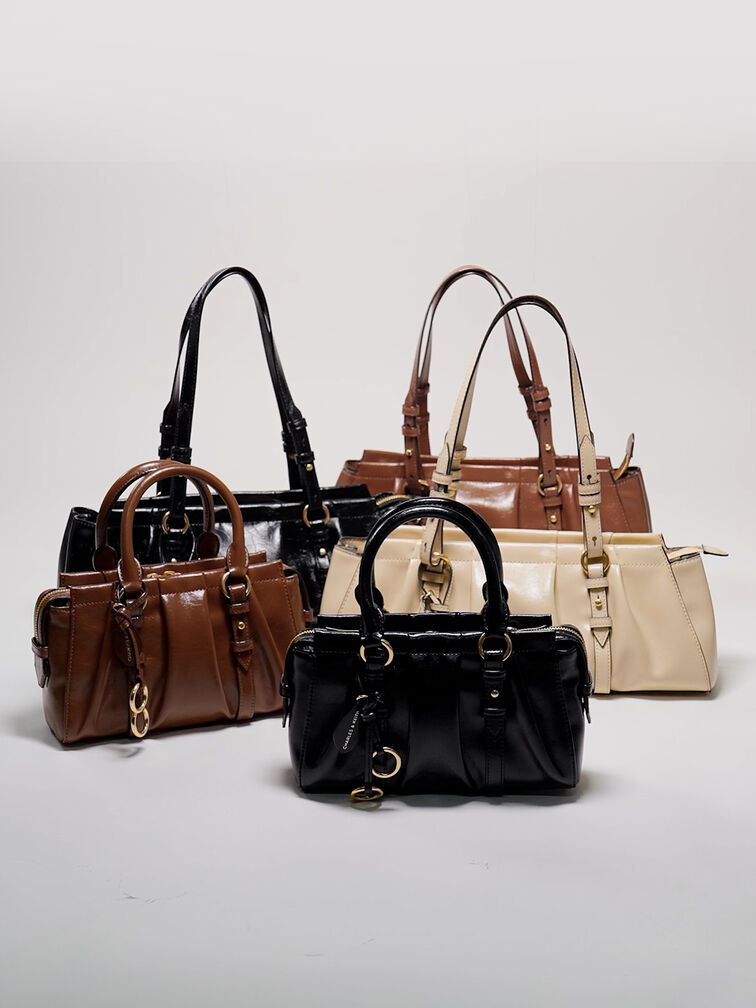 Tote Bag Top Handle Ruched Britton, Black, hi-res