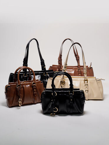 Tote Bag Top Handle Ruched Britton, Black, hi-res