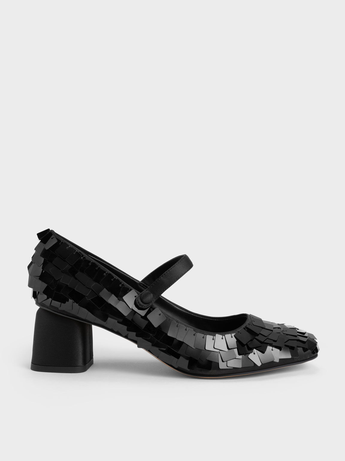 Sepatu Pumps Mary Jane Satin Sequinned, Black, hi-res