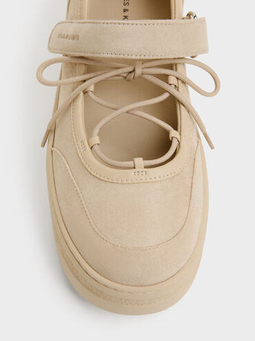 Sepatu Sneakers Platform Mary Jane Faux Suede, Beige, hi-res