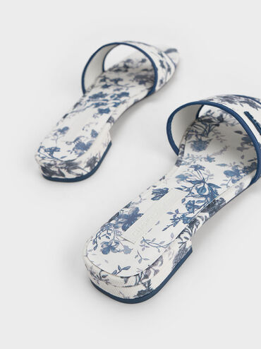 Floral-Print Slide Sandals, Blue, hi-res
