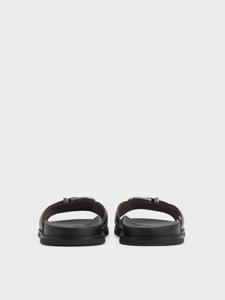 Sendal Selop Buckled Stitch-Trim, Black, hi-res