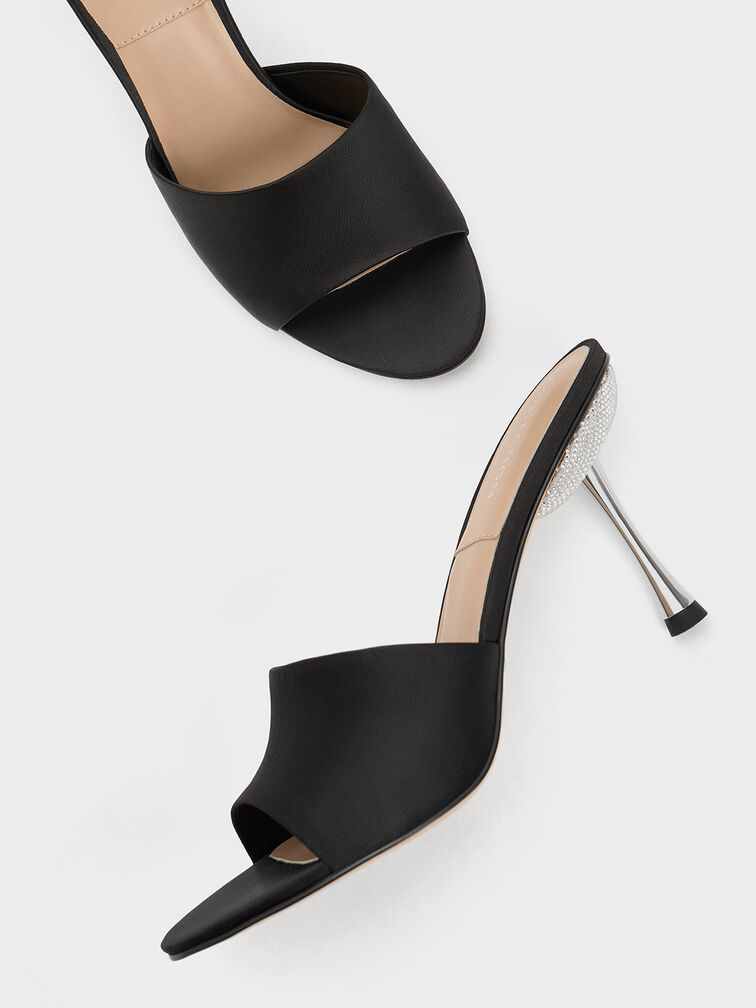 Sepatu Mules Demi Recycled Polyested Metallic Heel, Black, hi-res