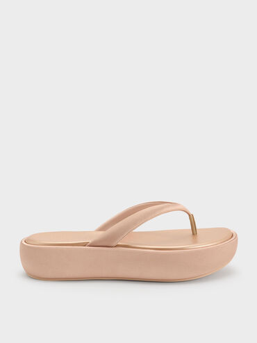 Sandal Flatform Thong Satin, Nude, hi-res
