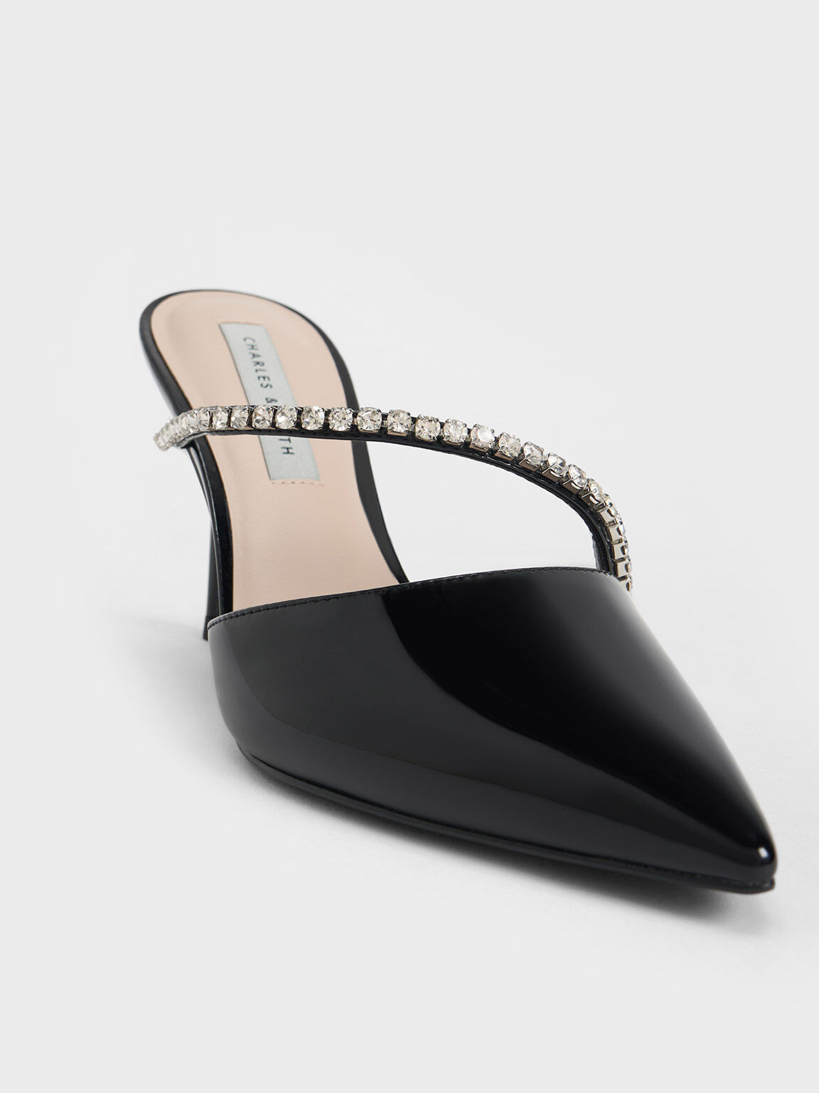 Sepatu Mules Gem-Encrusted Stiletto, Black Patent, hi-res